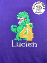 Load image into Gallery viewer, Custom Age Number Tshirt for Kid Birthday Tshirt Tyrannosaurus Tshirt Dinosaur Dino TRex Age Applique with Kid Name
